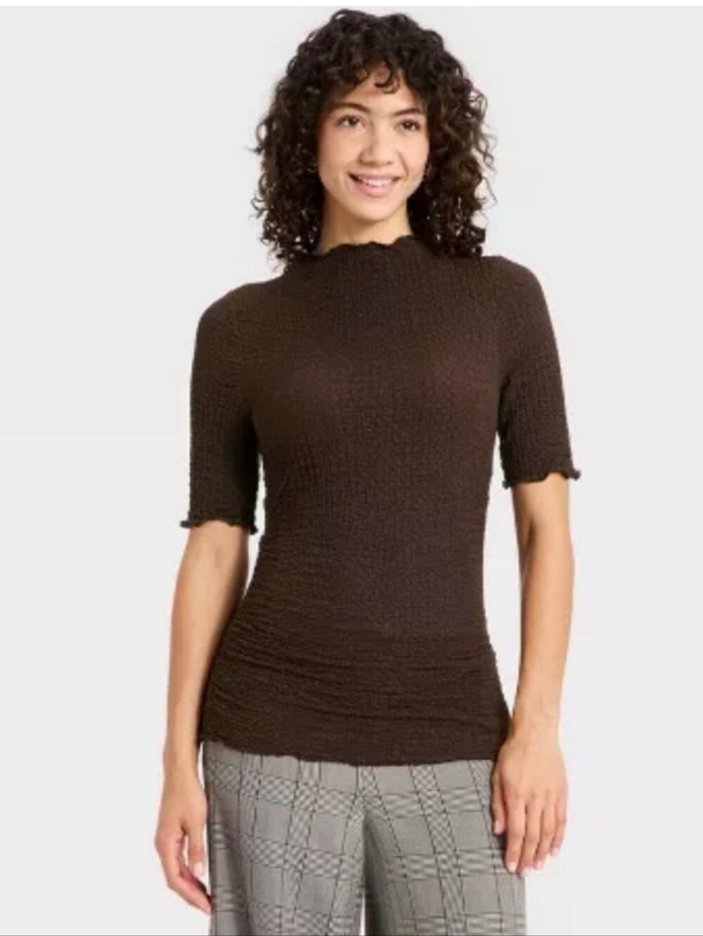 A New Day - Brown Textured Short-Sleeve Mock Neck - Medium